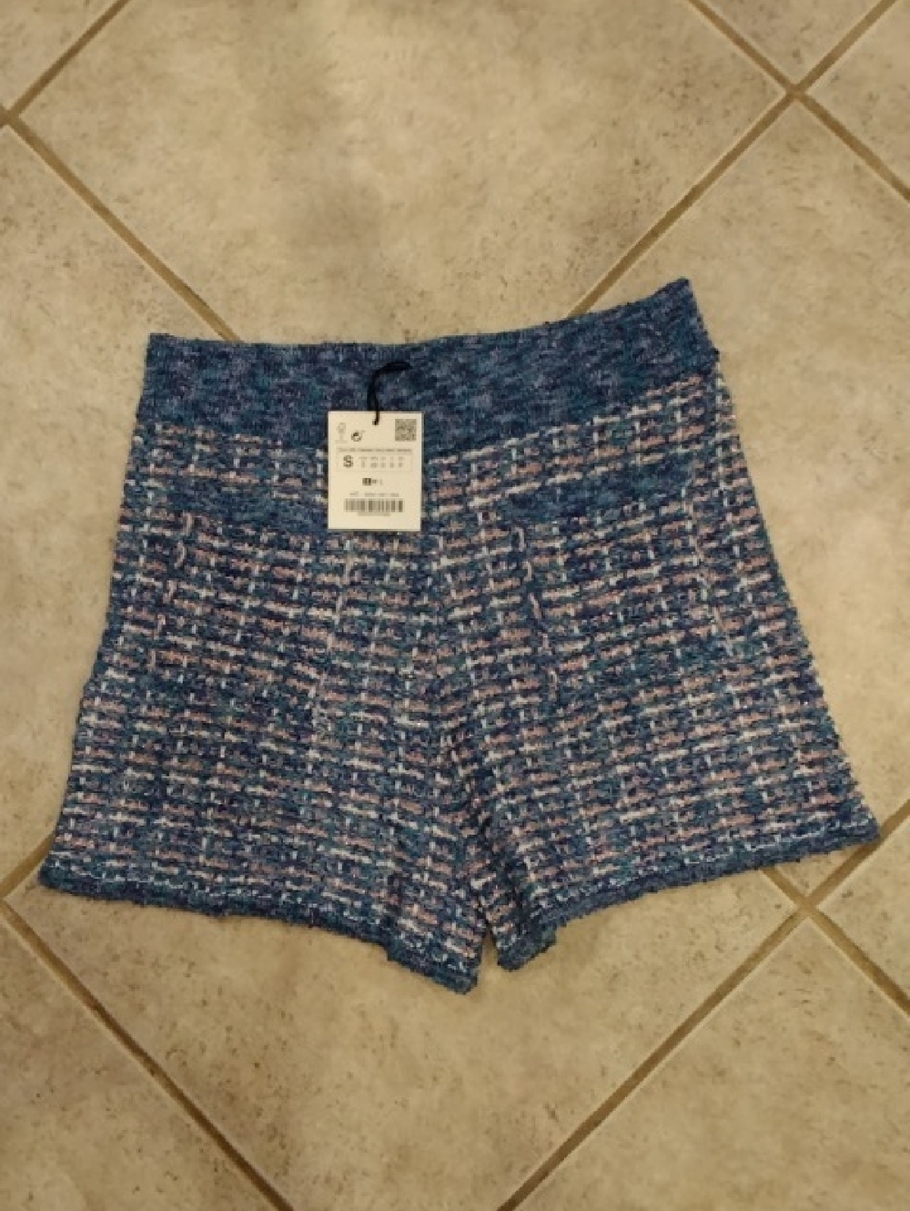 Zara Blue & Pink Tweed High-Waist Shorts